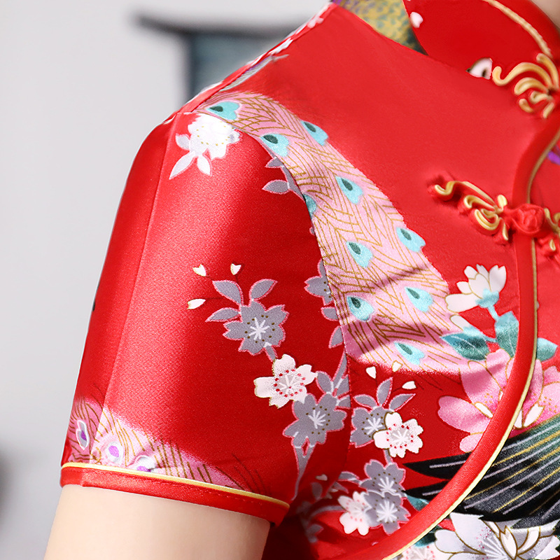 Direct selling 2024 new spring and summer improved cheongsam skirt long satin printing daily banquet women's performance clothing wholesale