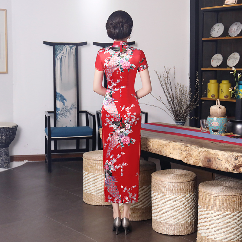 Direct selling 2024 new spring and summer improved cheongsam skirt long satin printing daily banquet women's performance clothing wholesale