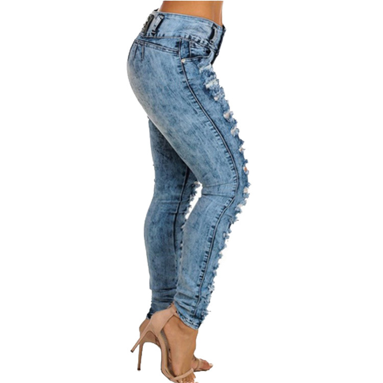 European and American Cross-border Foreign Trade Jeans Ripped High Waist Amazon WISH Buckle Elastic Leg Jeans Women