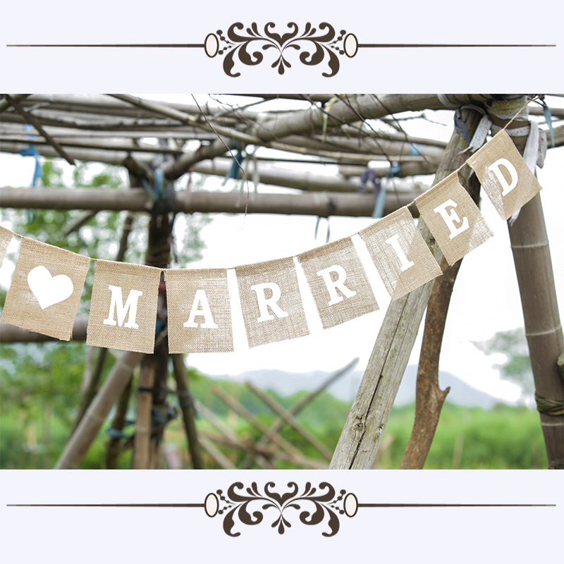 Linen triangle flag vintage wedding decoration party pull flag Christmas bunting Just married