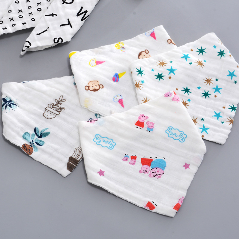 Winter Universal Cotton Gauze Triangle Towel Baby's Slip Towel Cartoon Printed Pleated Baby Snap Buckle Bib Bib