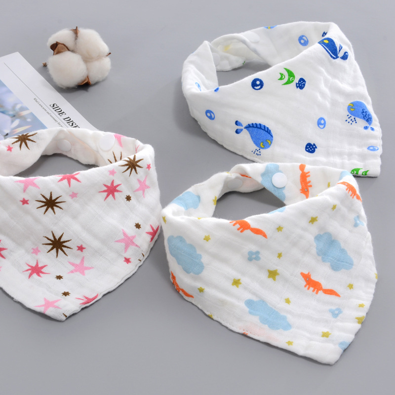 Winter Universal Cotton Gauze Triangle Towel Baby's Slip Towel Cartoon Printed Pleated Baby Snap Buckle Bib Bib