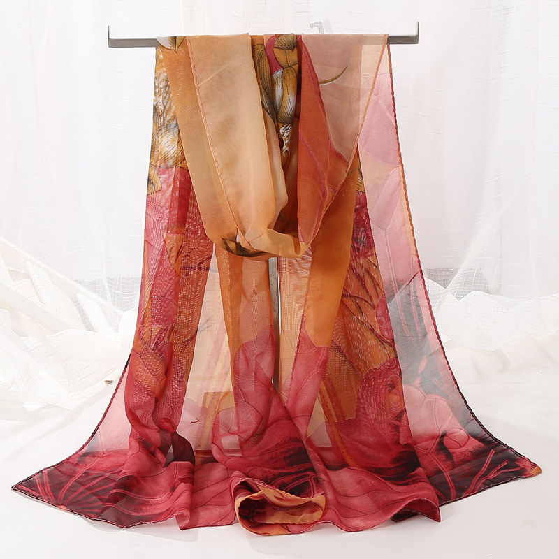 New Chiffon Long Scarf Small Scarf Printed Thin Spring and Autumn Lotus Scarf Wholesale Annual Meeting Small Scarf for Middle-aged and Elderly