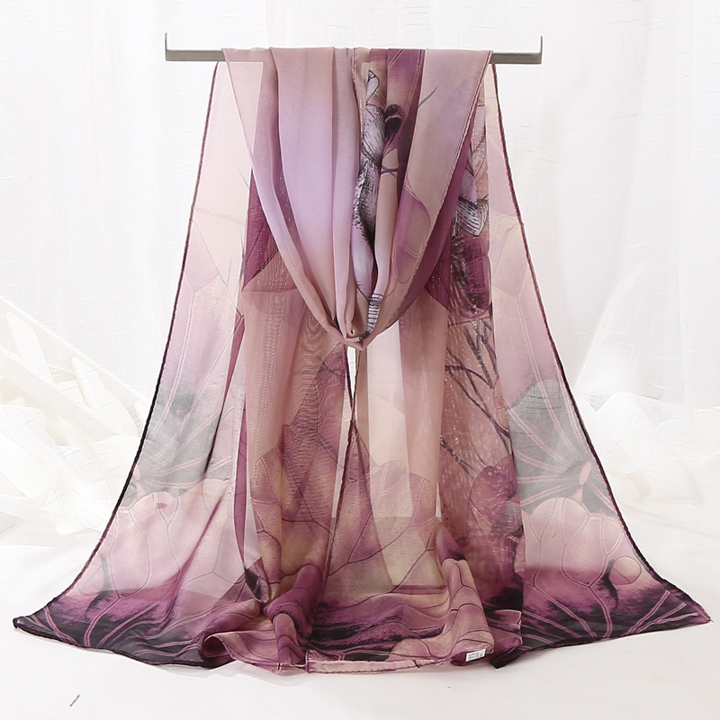 New Chiffon Long Scarf Small Scarf Printed Thin Spring and Autumn Lotus Scarf Wholesale Annual Meeting Small Scarf for Middle-aged and Elderly