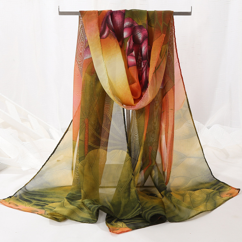 New Chiffon Long Scarf Small Scarf Printed Thin Spring and Autumn Lotus Scarf Wholesale Annual Meeting Small Scarf for Middle-aged and Elderly
