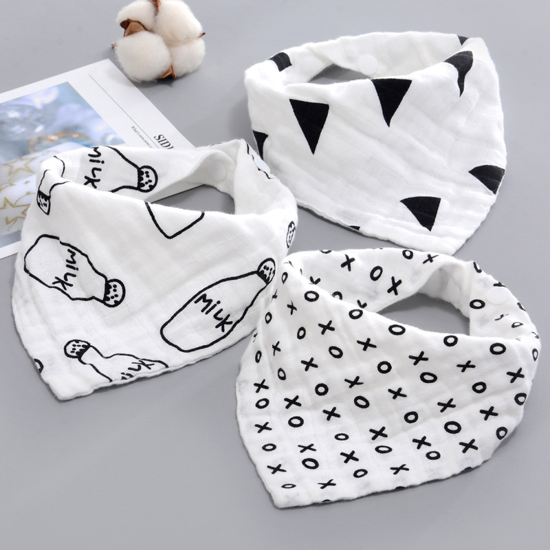 Winter Universal Cotton Gauze Triangle Towel Baby's Slip Towel Cartoon Printed Pleated Baby Snap Buckle Bib Bib