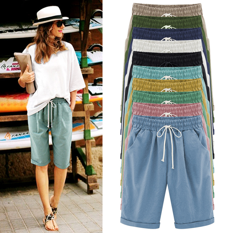 Amazon cross-border knee solid color summer women's casual pants pants sports drawstring pants size 300kg