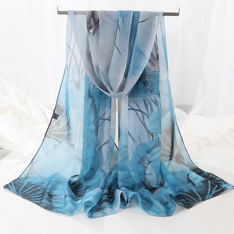 New Chiffon Long Scarf Small Scarf Printed Thin Spring and Autumn Lotus Scarf Wholesale Annual Meeting Small Scarf for Middle-aged and Elderly