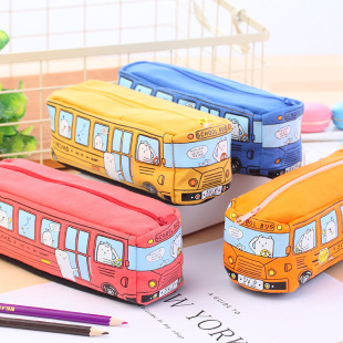 Korean Creative Student Stationery Small Animal Bus Pencil Case Bus Pencil Case Canvas Stationery Box for Men and Women