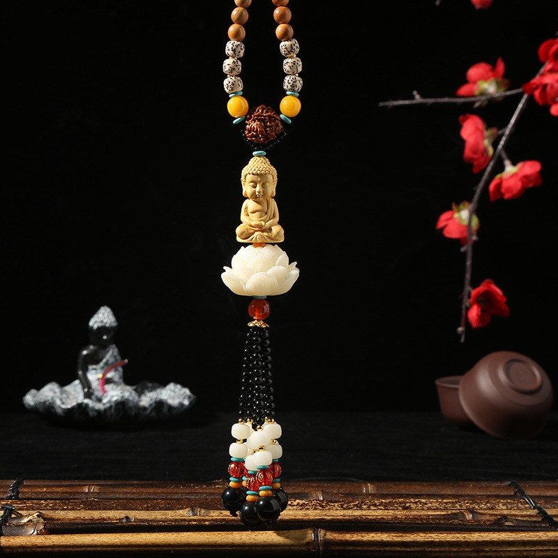 Guanyin Lotus Car Pendant Car Interior Rearview Mirror Hanging Decoration Safe Boxwood Maitreya Pendant Creative Wholesale