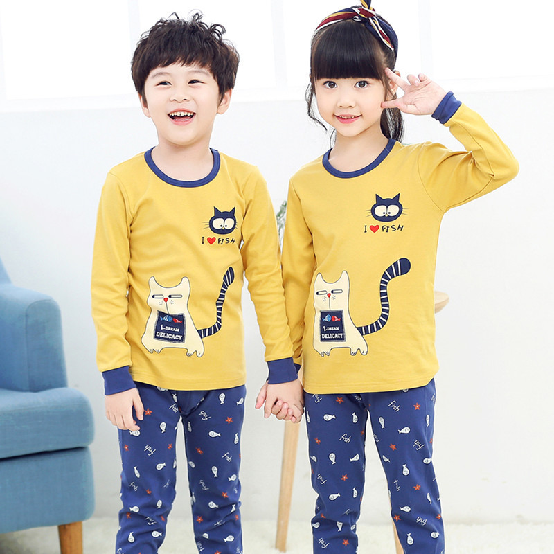 Girls and Boys' Autumn Clothes and Trousers Cotton Sweater Spring and Autumn Big Children's Baby Underwear Set All Cotton Pajamas for Hair