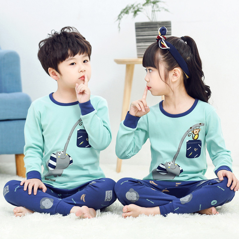 Girls and Boys' Autumn Clothes and Trousers Cotton Sweater Spring and Autumn Big Children's Baby Underwear Set All Cotton Pajamas for Hair
