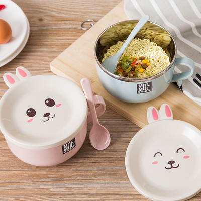 Factory Direct sales Korean double-layer thickened cartoon anti-scald instant noodle bowl with lid spoon large capacity instant noodle bowl suit