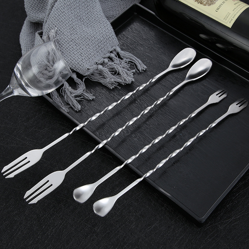 Mixing Spoon 304 Stainless Steel Long Handle Bar Spoon Ice Spoon Double-purpose Mixing Spoon Fork Long Handle Cocktail Mixing Spoon