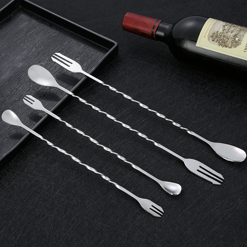 Mixing Spoon 304 Stainless Steel Long Handle Bar Spoon Ice Spoon Double-purpose Mixing Spoon Fork Long Handle Cocktail Mixing Spoon