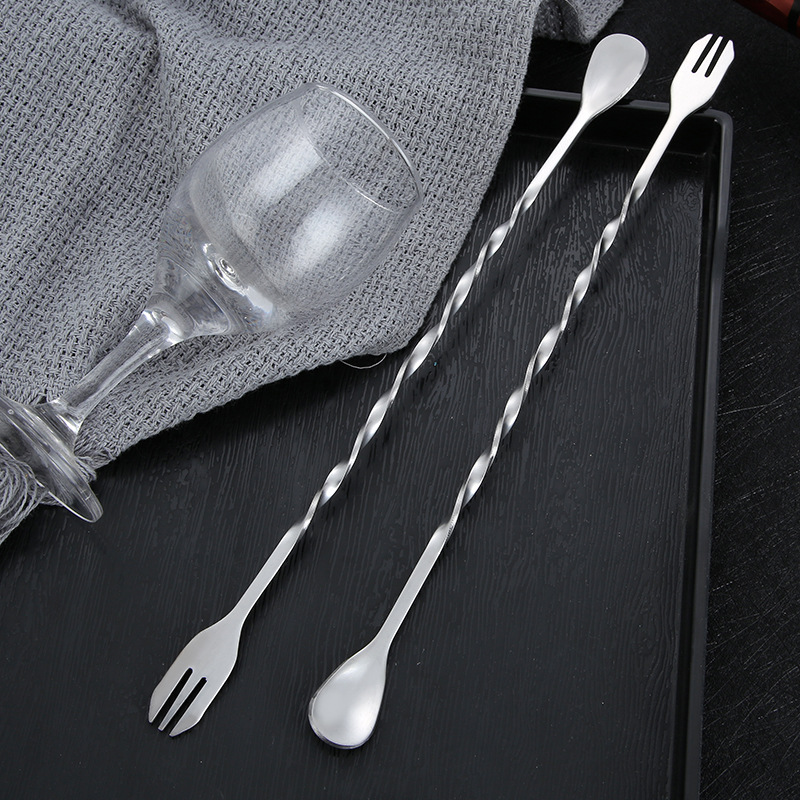 Mixing Spoon 304 Stainless Steel Long Handle Bar Spoon Ice Spoon Double-purpose Mixing Spoon Fork Long Handle Cocktail Mixing Spoon