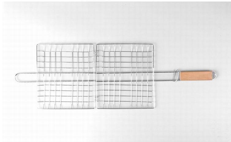 Stainless steel outdoor barbecue grill wooden handle square barbecue net grilled fish clip bread clip barbecue clip barbecue tool