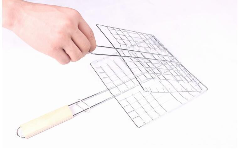 Stainless steel outdoor barbecue grill wooden handle square barbecue net grilled fish clip bread clip barbecue clip barbecue tool