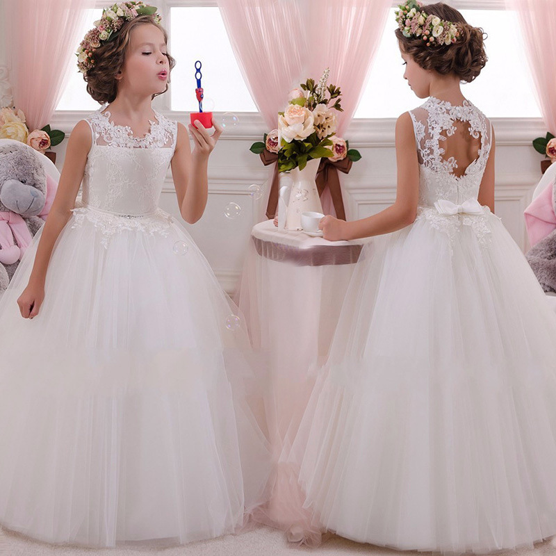 2024 new children's dress back hollow out children's long dress flower girl's wedding dress girl's flower lace long dress