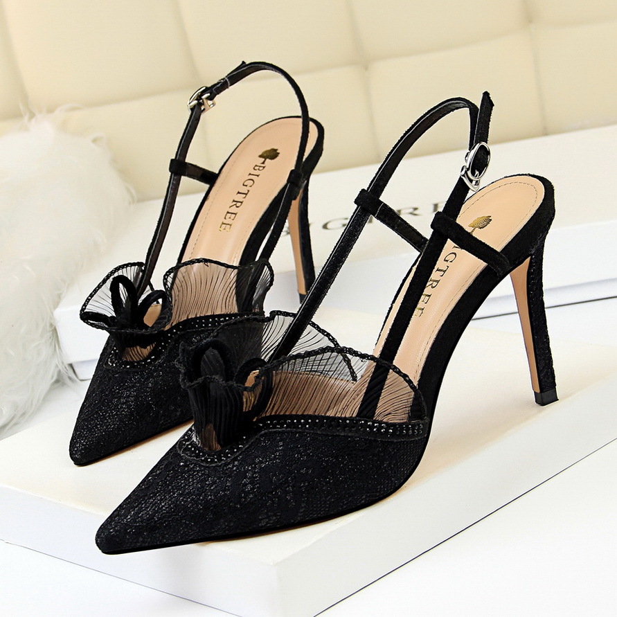 313-5 European and American high heels fashion sexy banquet slimming women's shoes thin heel high heel rhinestone lace hollow sandals