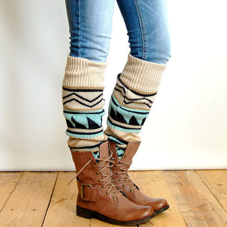 跨境专供欧美冬季迷彩加厚毛线堆堆袜套女中长款针织拼色靴套腿套