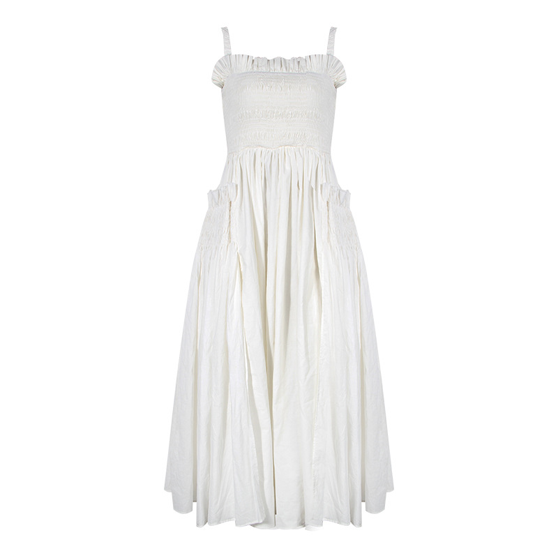 Long Dress 2023 Summer New French Retro White Strap Backless Pleated Skirt Waist Slimming Dress