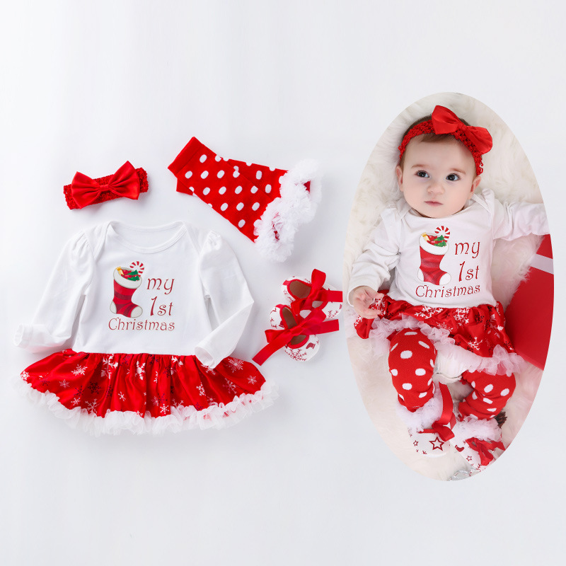 Autumn and winter Christmas big snowflake bag fart skirt girls skirt suit baby long sleeve baby dress four-piece wholesale