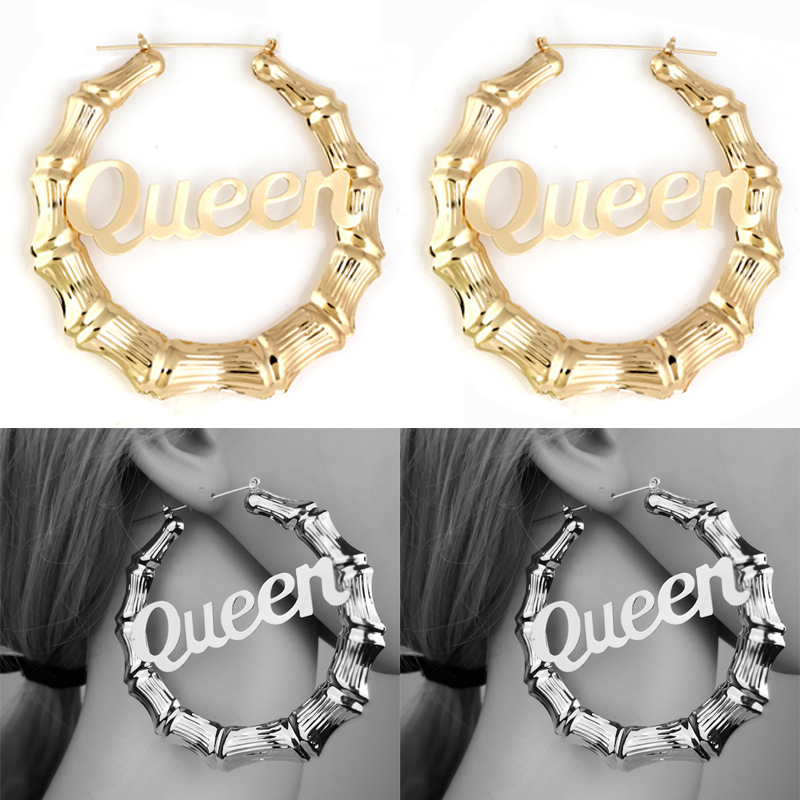 AliExpress Foreign Trade 9cm Round Bamboo Exaggerated Big Ear Ring English Letter Queen European and American Bamboo Earrings