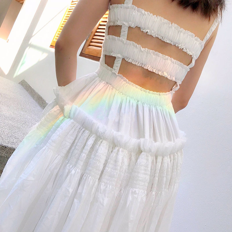 Long Dress 2023 Summer New French Retro White Strap Backless Pleated Skirt Waist Slimming Dress