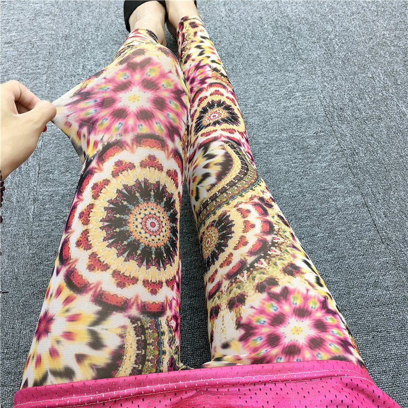 Mesh Leggings Women's Summer Outer Wear Thin Stretch High Waist Color Bohemian Leggings Printed Pants Wholesale
