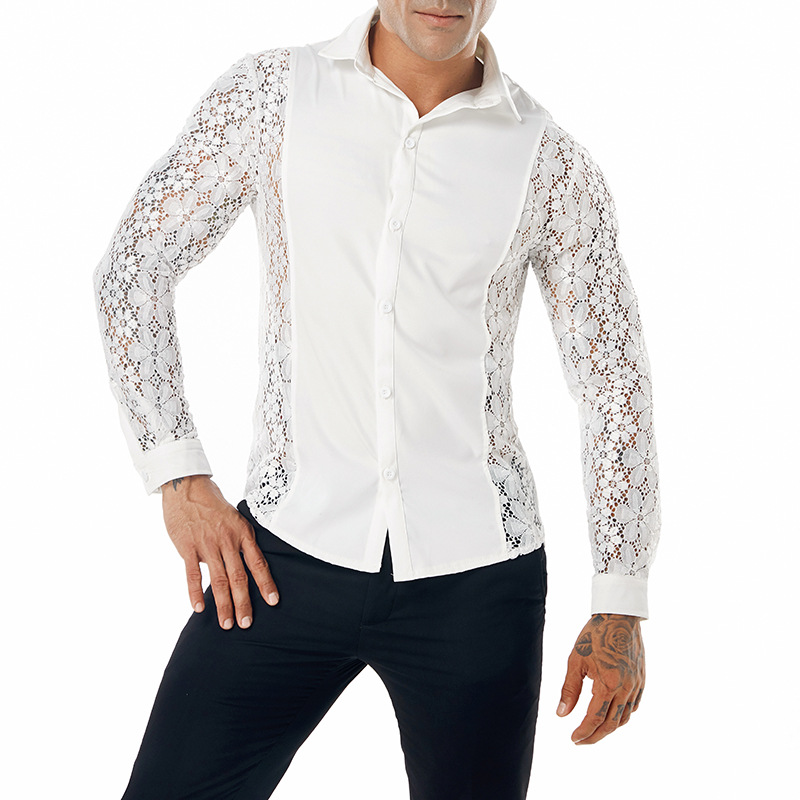 European and American men's autumn and winter arm Full Lace solid color fashion design men's long sleeve lapel shirt CS80