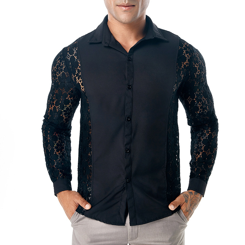 European and American men's autumn and winter arm Full Lace solid color fashion design men's long sleeve lapel shirt CS80