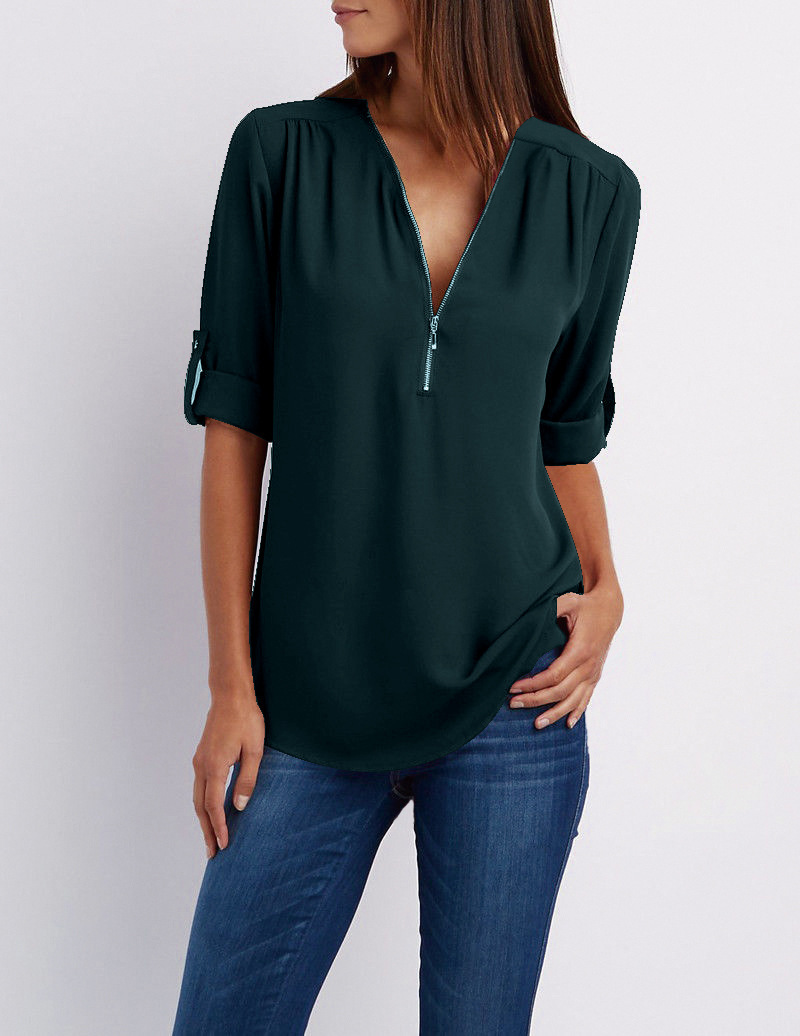 2023ebay European and American shirt V-neck zipper plus size women's long sleeve sleeve sleeve loose chiffon shirt European and American