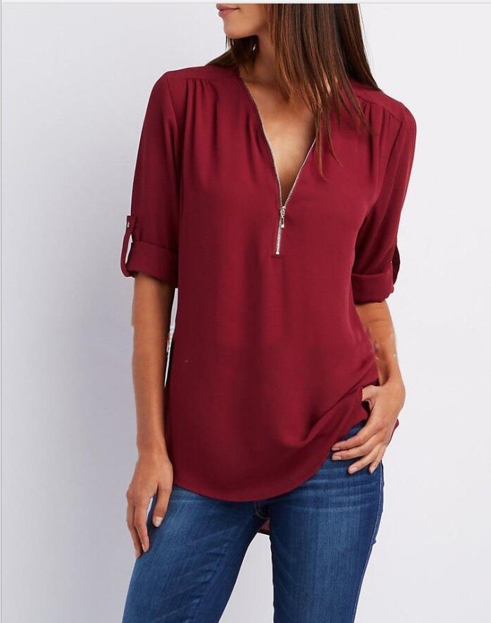 2023ebay European and American shirt V-neck zipper plus size women's long sleeve sleeve sleeve loose chiffon shirt European and American