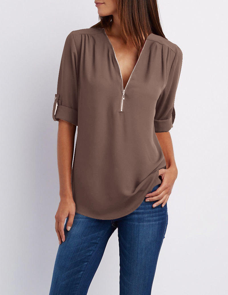 2023ebay European and American shirt V-neck zipper plus size women's long sleeve sleeve sleeve loose chiffon shirt European and American