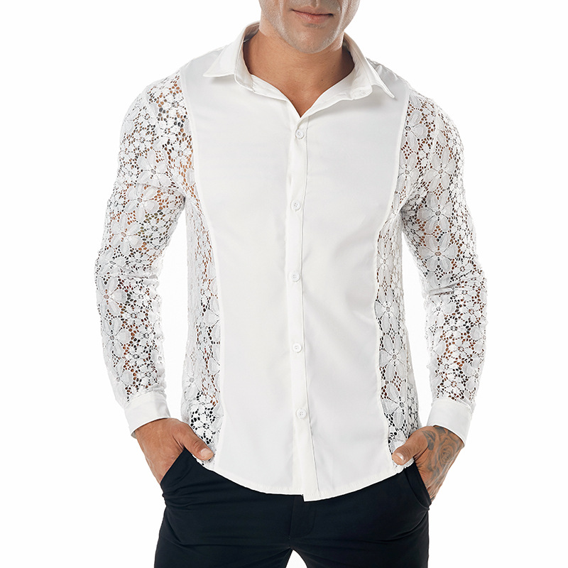 European and American men's autumn and winter arm Full Lace solid color fashion design men's long sleeve lapel shirt CS80