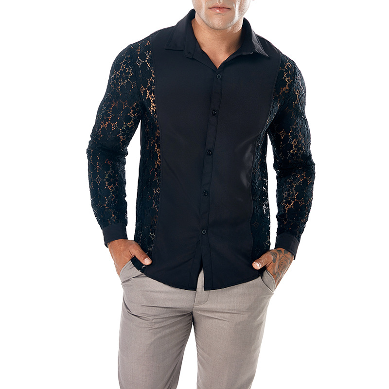 European and American men's autumn and winter arm Full Lace solid color fashion design men's long sleeve lapel shirt CS80
