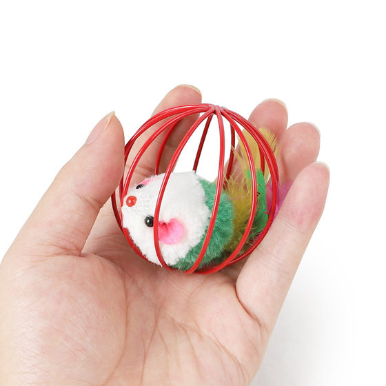 Cat toy mouse real feather feather tail wholesale leather pantiao classic hot color paint iron wire cage cat toy cage mouse