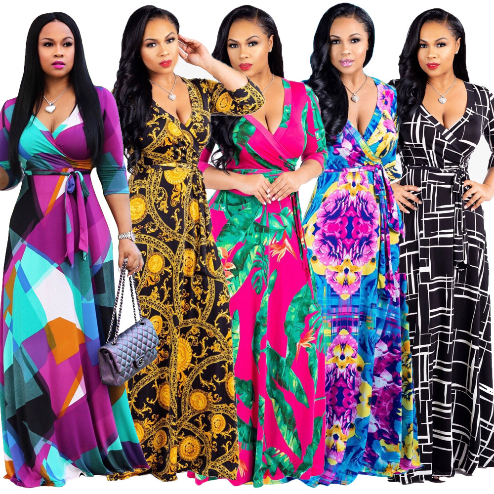 Amazon classic popular standard code sexy fashion digital printing European and American fashion style large swing skirt dress