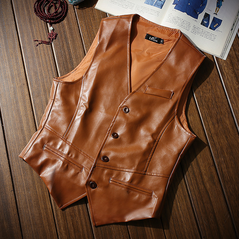 Amazon wholesale men's casual fashion PU vest men's vest Tide men's leather slim clothes men's