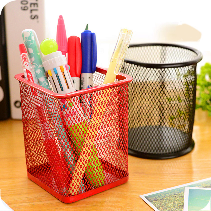 创意彩色圆型网格金属笔筒 韩国时尚桌面办公用品收纳摆件