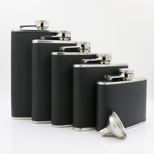 [Jiujiu] Cross-border spot 304 stainless steel hip flask gift box 4-piece set 2-8 oz black leather