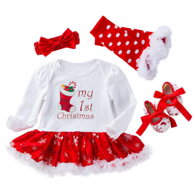 Autumn and winter Christmas big snowflake bag fart skirt girls skirt suit baby long sleeve baby dress four-piece wholesale