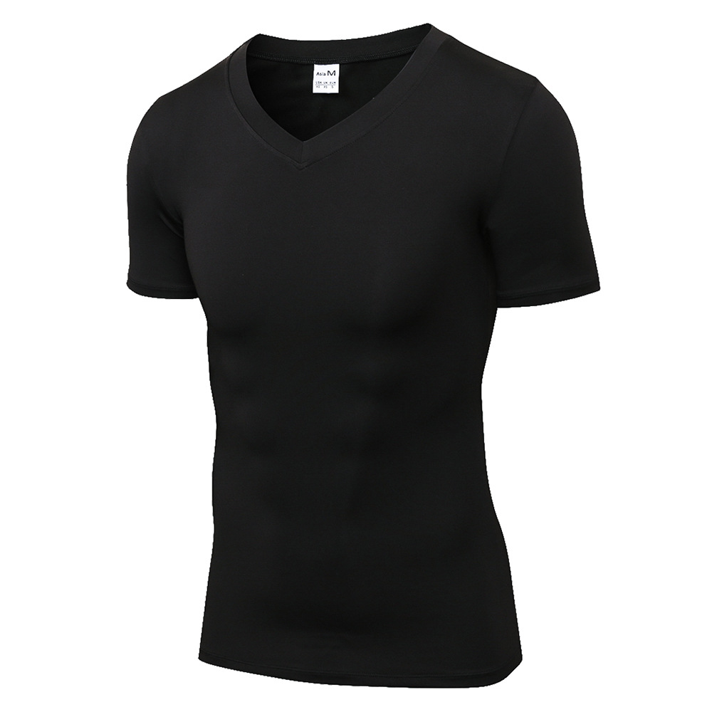 Men's V-neck Tight Short Sleeve PRO Fitness Running Sports Training Hot Sale High Elastic Quick Dry T-shirt Clothes 1118