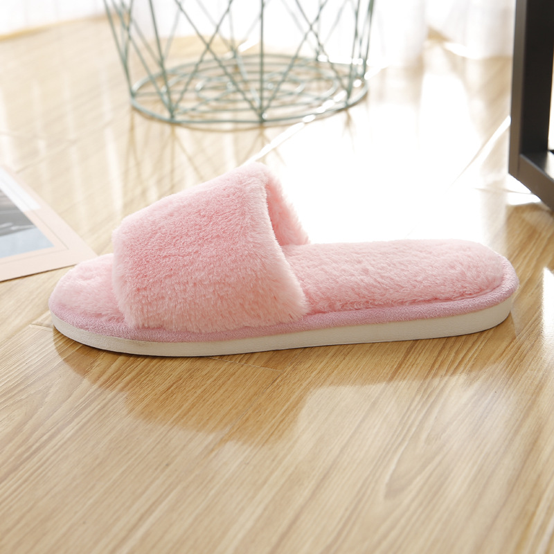 Ladies Autumn and Winter Plush Home Indoor Wood Floor Non-Slip Cotton Slippers Fluffy One Word Flat Slippers Couple Shoes