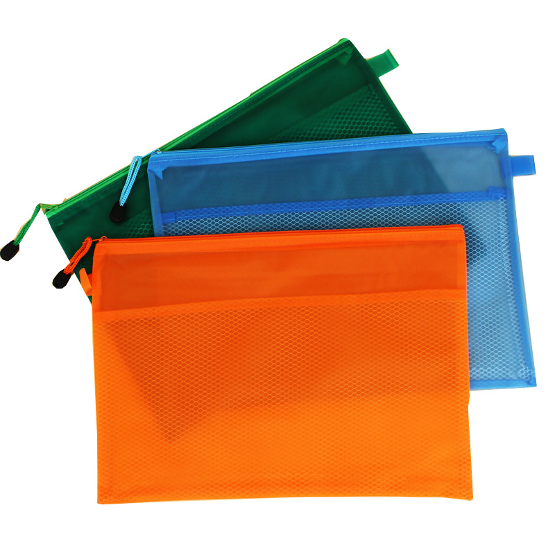 Double-layer PVC file bag transparent frosted zipper compartment material student color Stationery Office file bag customization