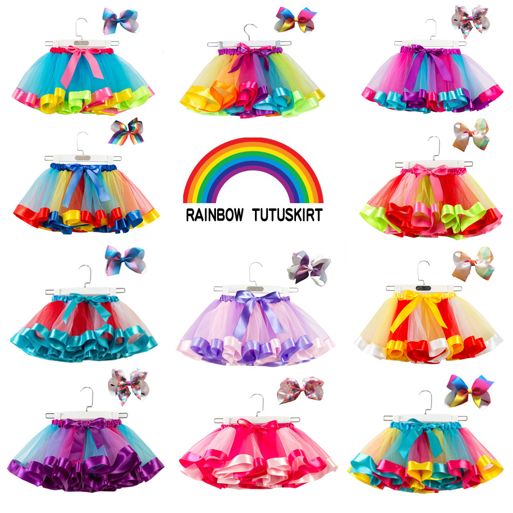 European and American Mesh Rainbow Skirt Children's tutu Half Princess Skirt with Bow Headwear baby dress