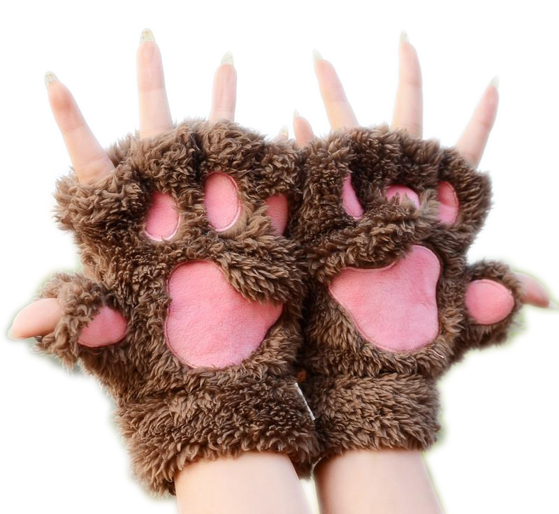 Cat's Claw Gloves Winter Cute Cartoon Cat Girl's Gloves Thickened Fluffy Bear's Paw Half-Finger Gloves