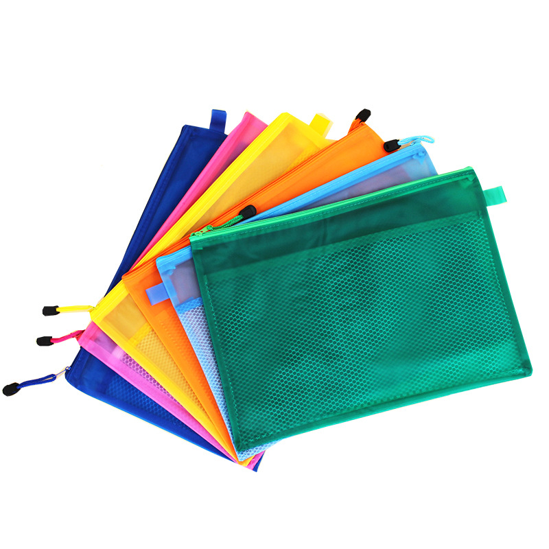 Double-layer PVC file bag transparent frosted zipper compartment material student color Stationery Office file bag customization