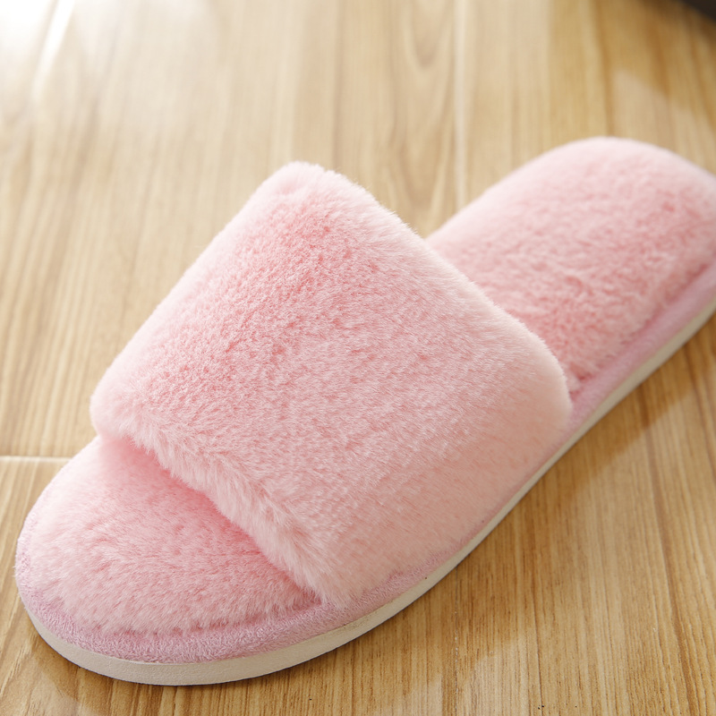 Ladies Autumn and Winter Plush Home Indoor Wood Floor Non-Slip Cotton Slippers Fluffy One Word Flat Slippers Couple Shoes